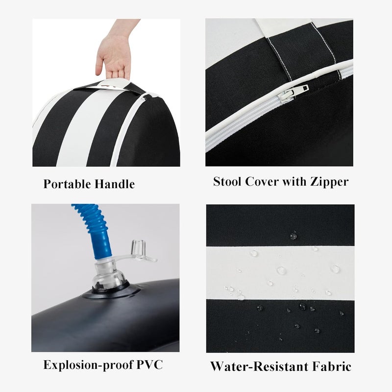 FUNHOME Inflatable Stool Ottoman Footrest with Handle, All Weather Footrest Seat with Foot Pump D20 xH9, Water Repellent Footstool Pouf for Home Patio Garden and Camping Use-Black White Stripe - Image 4